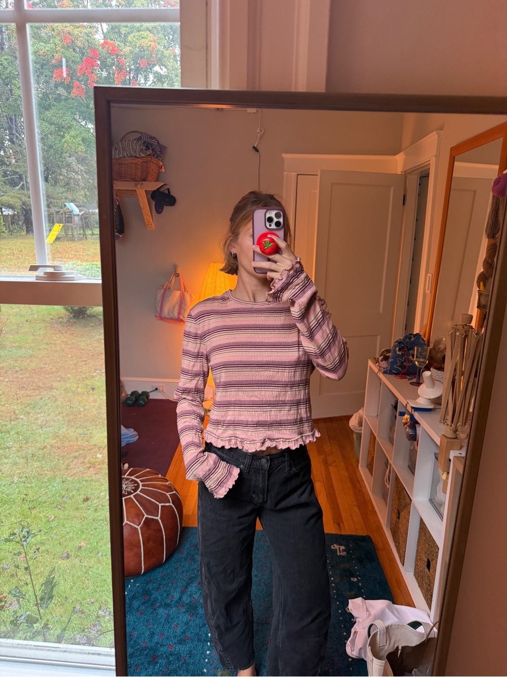 Striped Pink Ruffle-Hem Crewneck Sweater